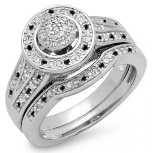 0.50 Carat (ctw) 14K White Gold Round Black & White Diamond Ladies Split Shank Bridal Engagement Ring Set Matching Wedding Band 1/2 CT