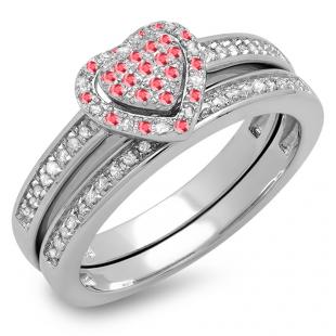 0.23 Carat (ctw) 14K White Gold Round Ruby & White Diamond Ladies Heart Shaped Bridal Engagement Ring With Matching Band Set 1/4 CT