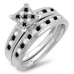 0.50 Carat (ctw) Round Black & White Diamond Engagement Bridal Ring Set 1/2 CT 14K White Gold