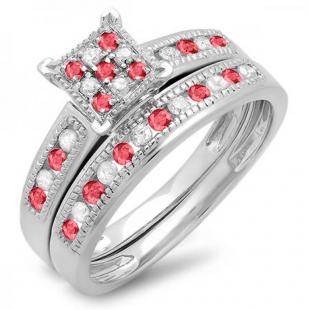 0.50 Carat (ctw) Sterling Silver Round Ruby & White Diamond Ladies Engagement Bridal Ring Set Matching Wedding Band 1/2 CT
