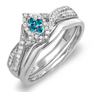 0.33 Carat (ctw) 14K White Gold Round Blue & White Diamond Ladies Marquise Shape Bridal Promise Engagement Ring Set With Matching Band 1/3 CT
