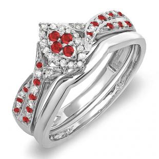 0.33 Carat (ctw) 14K White Gold Round Ruby & White Diamond Ladies Marquise Shape Bridal Promise Engagement Ring Set With Matching Band 1/3 CT