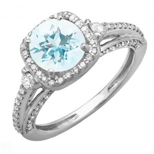 2.10 Carat (ctw) 14k White Gold Round Aquamarine & White Diamond Ladies Engagement Halo Bridal Ring