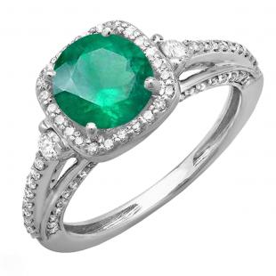 2.10 Carat (ctw) 18k White Gold Round Green Emerald & White Diamond Ladies Engagement Halo Bridal Ring
