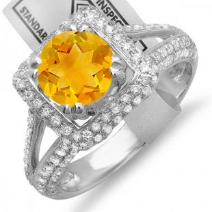 2.50 Carat (ctw) 18K White Gold Round Yellow Citrine & White Diamond Halo Style Engagement Bridal Ring