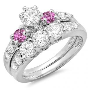 2.00 Carat (ctw) 18k White Gold Round Pink Sapphire & White Diamond Ladies 3 Stone Bridal Engagement Ring Matching Band Set 2 CT