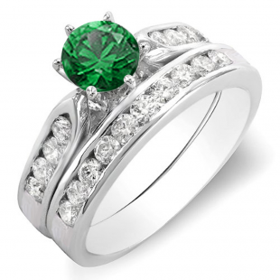 1.00 Carat (ctw) 18k White Gold Round Green Emerald & White Diamond Ladies Bridal Engagement Ring Set With Matching Band 1 CT