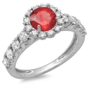 1.35 Carat (ctw) 14K White Gold Round Cut Red Ruby & White Diamond Ladies Bridal Cluster Halo Style Engagement Ring
