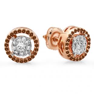 0.55 Carat (ctw) 14K Rose Gold Real Round Cut White & Champagne Diamond Ladies Cluster Flower Halo Stud Earrings 1/2 CT