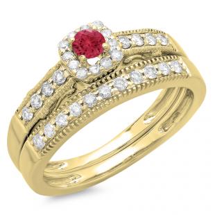 0.50 Carat (ctw) 14K Yellow Gold Round Red Ruby & White Diamond Ladies Halo Engagement Bridal Ring With Matching Band Set 1/2 CT
