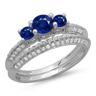 1.05 Carat (ctw) 10K White Gold Round Cut Blue Sapphire & White Diamond Ladies 3 Stone Bridal Engagement Ring With Matching Band Set 1 CT