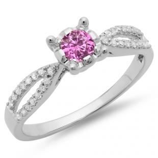 0.50 Carat (ctw) 18K White Gold Round Pink Sapphire & White Diamond Ladies Solitaire With Accents Bridal Split Shank Engagement Ring 1/2 CT