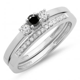0.33 Carat (ctw) 14K White Gold Round Cut White & Black Diamond Ladies Bridal Engagement 3 Stone Ring With Matching Wedding Band Set 1/3 CT