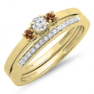 0.33 Carat (ctw) 10K Yellow Gold Round Cut White & Champagne Diamond Ladies Bridal Engagement 3 Stone Ring With Matching Wedding Band Set 1/3 CT