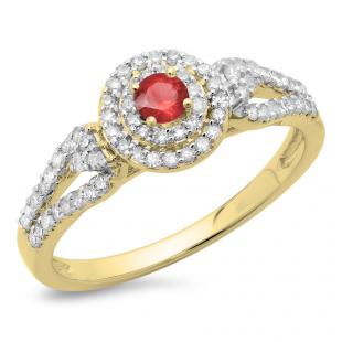 0.60 Carat (ctw) 18K Yellow Gold Round Cut Red Ruby & White Diamond Ladies Split Shank Vintage Style Bridal Halo Engagement Ring
