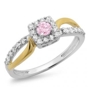 0.55 Carat (ctw) 18K Two Tone Gold Round Cut Pink Sapphire & White Diamond Ladies Split Shank Bridal Halo Engagement Ring 1/2 CT