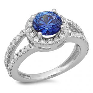 2.33 Carat (ctw) 14K White Gold Round Blue Sapphire & White Diamond Ladies Bridal Split Shank Halo Style Engagement Ring