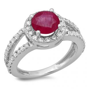 2.33 Carat (ctw) 18K White Gold Round Red Ruby & White Diamond Ladies Bridal Split Shank Halo Style Engagement Ring