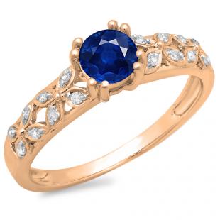 0.60 Carat (ctw) 14K Rose Gold Round Cut Blue Sapphire & White Diamond Ladies Bridal Vintage Style Engagement Ring