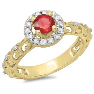 0.80 Carat (ctw) 18K Yellow Gold Round Cut Red Ruby & White Diamond Ladies Bridal Vintage Halo Style Engagement Ring 3/4 CT
