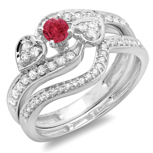 0.75 Carat (ctw) 10K White Gold Round Red Ruby & White Diamond Ladies Bridal Engagement Ring With Two Wedding Bands 3 Piece Set 3/4 CT
