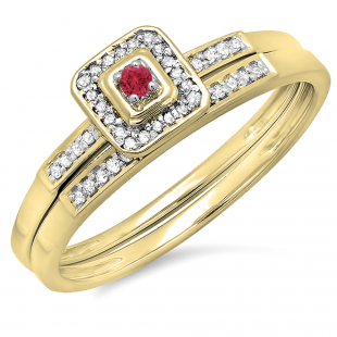 0.15 Carat (ctw) 18K Yellow Gold Round Red Ruby & White Diamond Ladies Halo Engagement Bridal Ring Set Matching Wedding Band