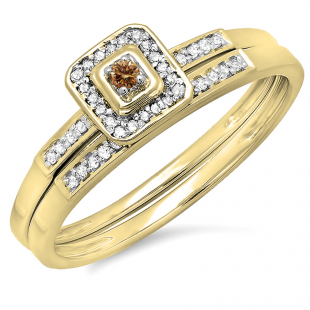 0.15 Carat (ctw) 18K Yellow Gold Round Champagne & White Diamond Ladies Halo Engagement Bridal Ring Set Matching Wedding Band