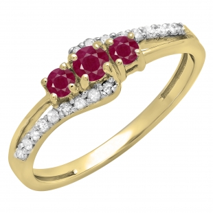 Ruby & 0.17 Carat White Diamond 3 Stone Engagement Ring For Women in 14K Yellow Gold