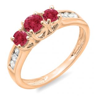 0.90 Carat (ctw) 14K Rose Gold Round Cut Red Ruby & White Diamond Ladies 3 Stone Engagement Bridal Ring