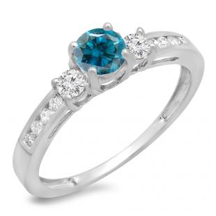 0.75 Carat (ctw) 18K White Gold Round Cut Blue & White Diamond Ladies Bridal 3 Stone Engagement Ring 3/4 CT