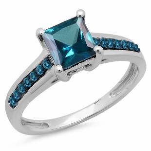 1.60 Carat (ctw) 14K White Gold Princess & Round Cut London Blue Topaz Ladies Bridal Solitaire With Accents Engagement Ring