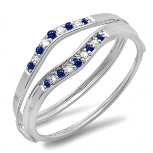 0.12 Carat (ctw) 18K White Gold Round Blue Sapphire & White Diamond Ladies Anniversary Enhancer Guard Wedding Band