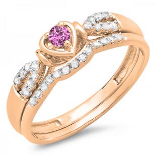 0.25 Carat (ctw) 18k Rose Gold Round Pink Sapphire & White Diamond Ladies Heart Shaped Bridal Engagement Ring Matching Band Set 1/4 CT