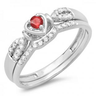 0.25 Carat (ctw) 14k White Gold Round Red Ruby & White Diamond Ladies Heart Shaped Bridal Engagement Ring Matching Band Set 1/4 CT