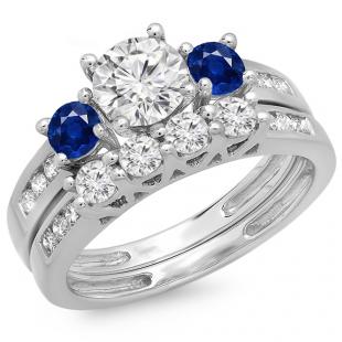 1.80 Carat (ctw) 18K White Gold Round Blue Sapphire & White Diamond Ladies Bridal 3 Stone Engagement Ring With Matching Band Set