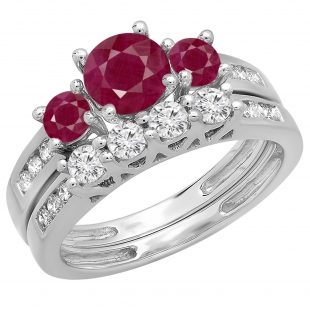 1.80 Carat (ctw) 10K White Gold Round Red Ruby & White Diamond Ladies Bridal 3 Stone Engagement Ring With Matching Band Set