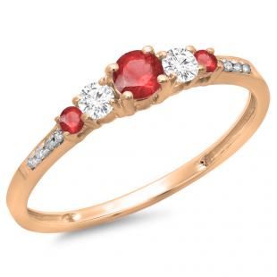0.40 Carat (ctw) 18K Rose Gold Round Cut Red Ruby & White Diamond Ladies Bridal 5 Stone Engagement Ring
