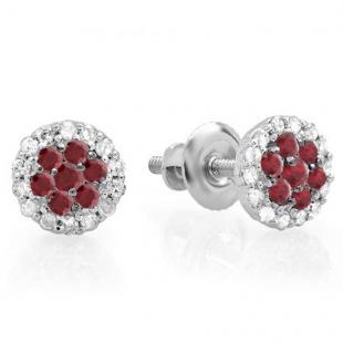 0.30 Carat (ctw) 14K White Gold Red Ruby & White Diamond Ladies Cluster Flower Stud Earrings 1/3 CT
