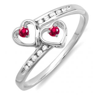 0.15 Carat (ctw) Sterling Silver Round Red Ruby & White Diamond Ladies Bridal Double Heart Promise Ring