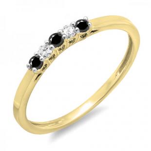 0.15 Carat (ctw) 14K Yellow Gold Round Black & White Diamond Ladies 5 Stone Anniversary Wedding Band Ring