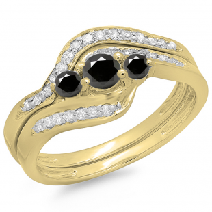 0.60 Carat (ctw) 10K Yellow Gold Real Round Black & White Diamond Ladies Swirl Style Bridal 3 Stone Engagement Ring With Matching Band Set