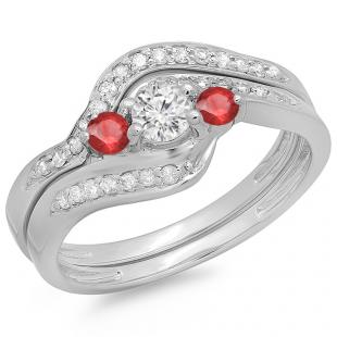 0.60 Carat (ctw) 18K White Gold Real Round Red Ruby & White Diamond Ladies Swirl Style Bridal 3 Stone Engagement Ring With Matching Band Set