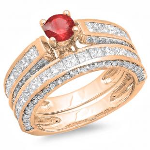 3.00 Carat (ctw) 18K Rose Gold Princess & Round Red Ruby & White Diamond Ladies Bridal Engagement Ring Set With Matching Band 3 CT