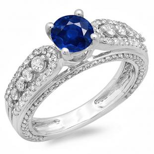 1.75 Carat (ctw) 14K White Gold Round Blue Sapphire & White Diamond Ladies Vintage Style Solitaire With Accents Bridal Engagement Ring 1 3/4 CT