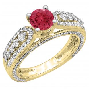 1.75 Carat (ctw) 18K Yellow Gold Round Red Ruby & White Diamond Ladies Vintage Style Solitaire With Accents Bridal Engagement Ring 1 3/4 CT