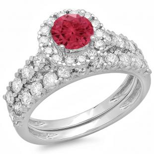 2.00 Carat (ctw) 14K White Gold Round Cut Red Ruby & White Diamond Ladies Bridal Halo Style Engagement Ring With Matching Wedding Band Set 2 CT