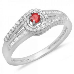 0.33 Carat (ctw) 18K White Gold Round & Baguette Cut Red Ruby & White Diamond Ladies Twisted Swirl Bridal Halo Engagement Ring 1/3 CT