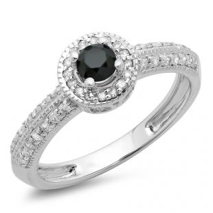 0.70 Carat (ctw) 10K White Gold Round Black & White Diamond Ladies Bridal Vintage Style Milgrain Halo Engagement Ring 3/4 CT