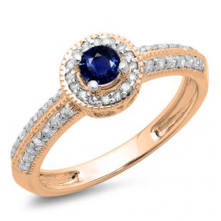 0.70 Carat (ctw) 10K Rose Gold Round Blue Sapphire & White Diamond Ladies Bridal Vintage Style Milgrain Halo Engagement Ring 3/4 CT