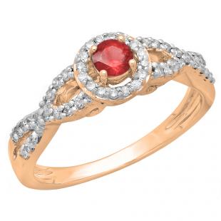 0.50 Carat (ctw) 18K Rose Gold Round Red Ruby & White Diamond Ladies Swirl Split Shank Bridal Halo Style Engagement Ring 1/2 CT